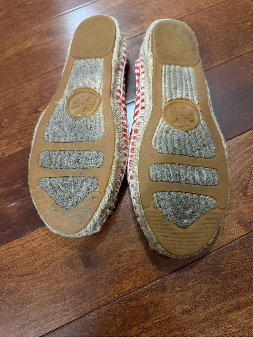Tory Burch Red and White Striped Espadrille Flats with Gold Logo